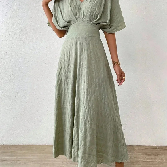 Mint Green Casual Women's Solid Batwing Sleeve A-line Dress - Picture 5 of 5